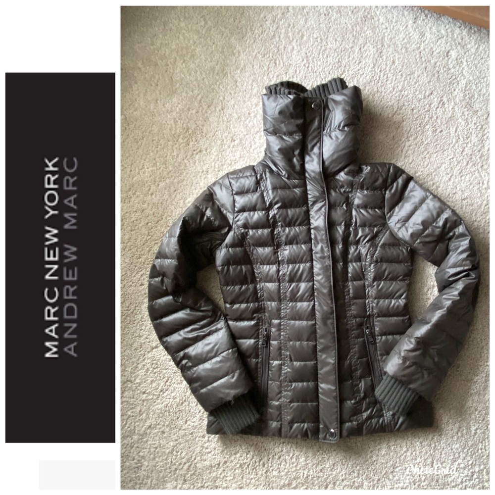 Marc New York olive puffer coat with knit collar!